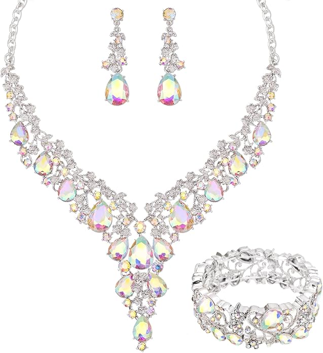 CSY Elegant Crystal Costume Jewelry Sets Flower Bridal Necklace Earrings Stretch Bangle Set for Bride Bridesmaid Wedding Dress Accessories