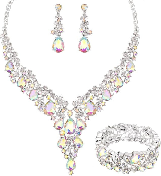 CSY Elegant Crystal Costume Jewelry Sets Flower Bridal Necklace Earrings Stretch Bangle Set for Bride Bridesmaid Wedding Dress Accessories