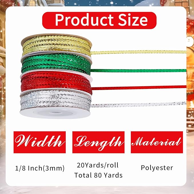 TONIFUL 4 Rolls Thin Ribbon - 3mm*20 Yards - Christmas Ribbon Set for Gift Wrapping, Tree & Wreath Decor, Balloon Sting, Bows Making, Treat Bags Decor, Crafts（Red, Green, Gold, Silver）