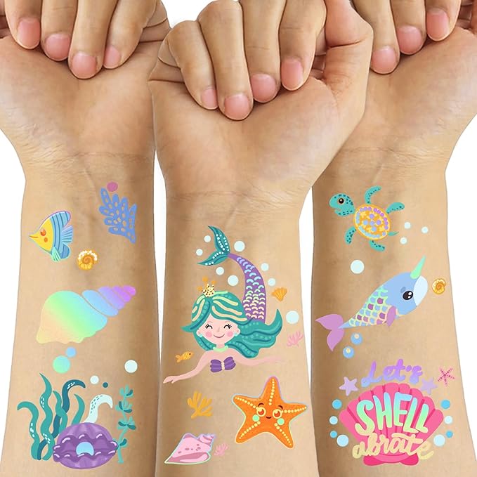 Temporary Tattoos Mermaid for Kids, 80+ Metallic Foil Style Bronzing Fake Tattoos, 4 Sheets Glitter Tattoos, Birthday Party Supplies, Easter Present, Ocean Animal Stickers for Boy and Girls