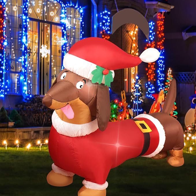 Christmas Inflatable Snowman/Nutcracker/Santa Claus Lighted Blow Up Christmas Yard Decoration with Built in Fan and Anchor Ropes (Weiner Dog)
