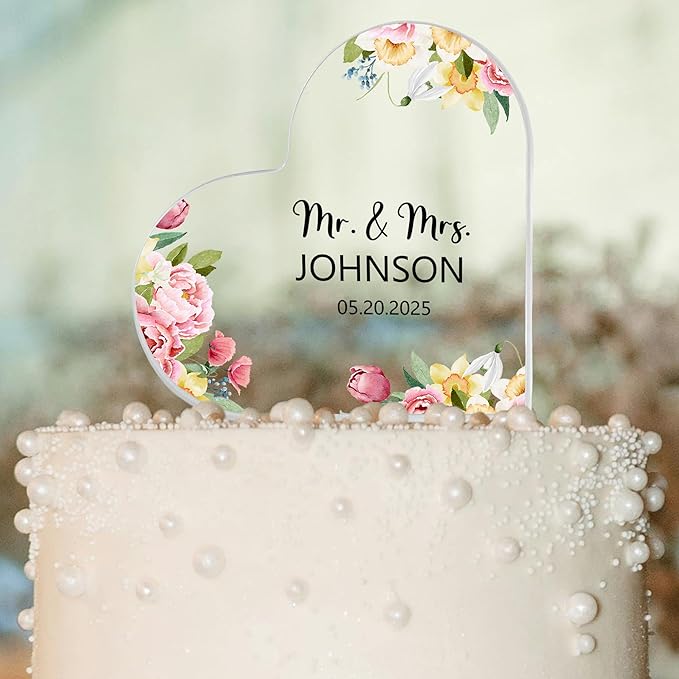 Custom Wedding Heart Acrylic Plaque,Mr & Mrs Cake Topper,Personalized Wedding Keepsake/Gift/Sign (Style 3)