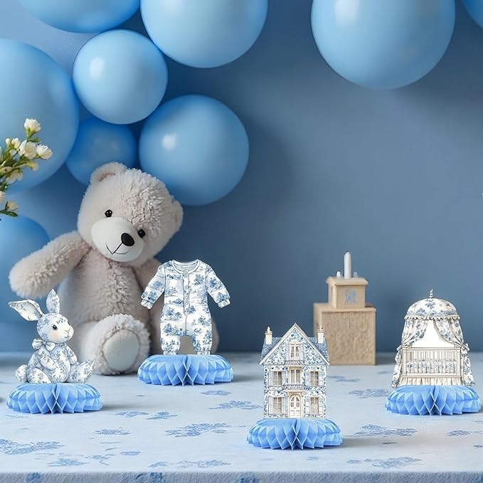 Blue Toile de Jouy Baby Shower Table Centerpieces – 12 PCS Classic French Nursery Honeycomb Decorations, Vintage Blue & White Boy Shower Table Décor