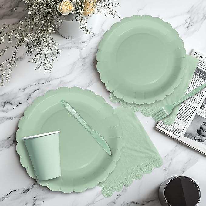 Sage Green Party Decorations Supplies Tableware, Light Green Paper Plates And Napkins, Tablecloth Printed Table Runner, Cutlery, for Birthday Baby Bridal Shower Wedding Anniversary, Serves 24