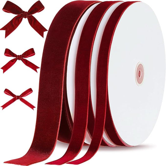 Yilloog 3/8'' 5/8'' 1'' 90 Yards Christmas Velvet Ribbon Vintage Satin Fabric Velvet Ribbon Roll for Christmas Tree Ornaments Decoration Gift Wrapping Bow DIY Crafts (Burgundy)