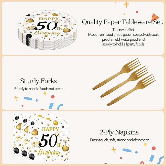 75PCS 50th Birthday Plates and Napkins Party Decorations, 7 Inch White and Gold Happy 50th Birthday Paper Dessert Cake Plates and Napkins Set Disposable Tableware Party Favors for Women Men