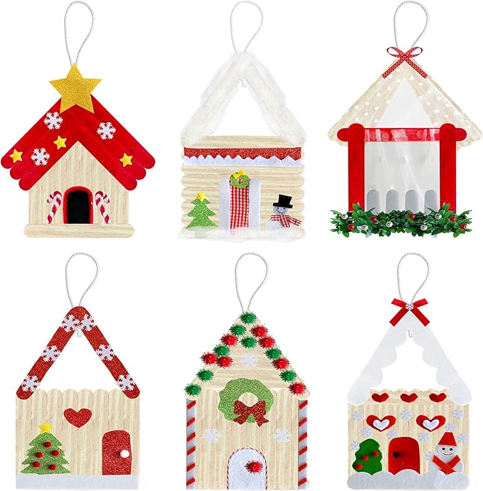 Yoloodayy 12 Set Christmas Craft Kits Popsicle Stick Christmas Ornaments 6 Designs DIY Popsicle Stick Xmas House Decorations Art Craft Supplies for Xmas Holiday Classroom Activities Party Favors