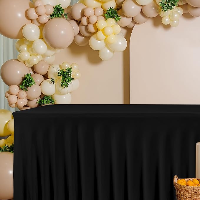 HolidayIdeas Black 8ft Rectangle Spandex Tablecloth 4 Pcs Fitted Stretch Table Skirts 30x96 Inch, Ruffle Design Wrinkle-Free Polyester Table Cover for Banquets,Trade Shows, Parties, Events