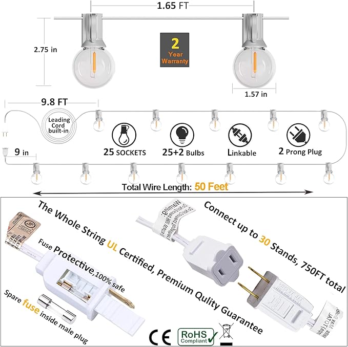 Outdoor Globe String Lights White - G40 Outdoor Lights Patio String Lights Linkable Waterproof with 27 Shatterproof Clear Bulbs(2 Extra) for Wedding Party Pergola Gazebo Lights