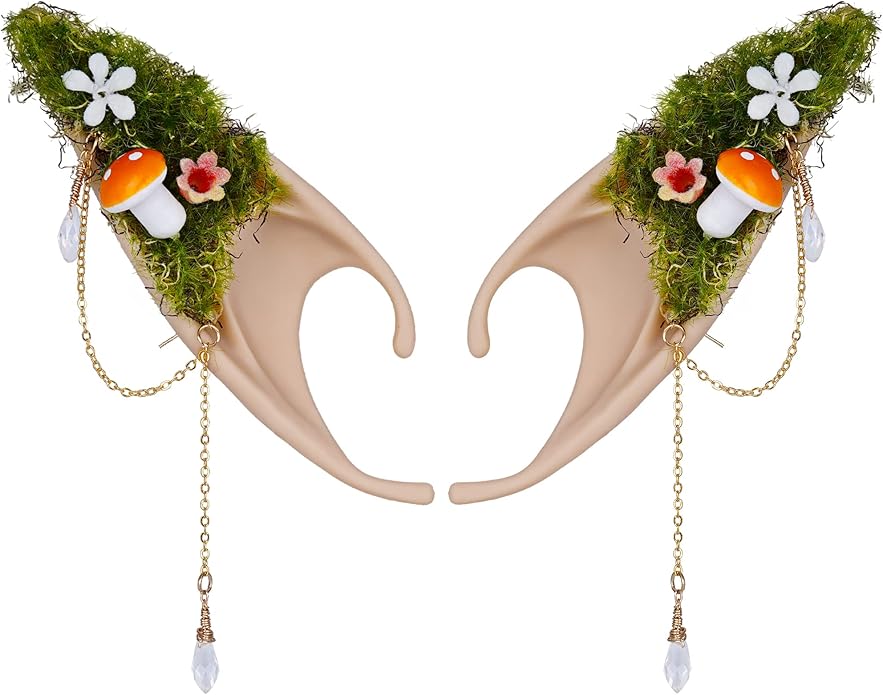 FRESHME Forest Mushroom Elf Ears, Soft Fairy Ears with Mushroom Moss and Flower Elven Ear Cuffs Halloween Renaissance Cosplay