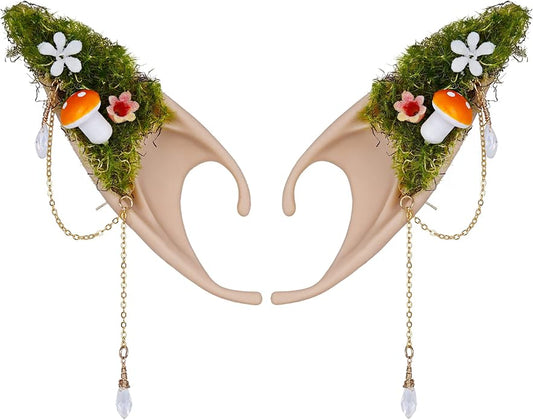 FRESHME Forest Mushroom Elf Ears, Soft Fairy Ears with Mushroom Moss and Flower Elven Ear Cuffs Halloween Renaissance Cosplay