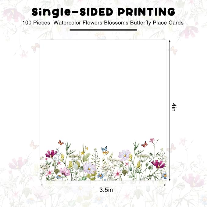 Whaline 100Pcs Wildflower Place Cards 2 x 3.5 Inch Watercolor Floral Butterfly Tented Cards Seating Cards for Spring Wedding Bridal Shower Party Table Setting