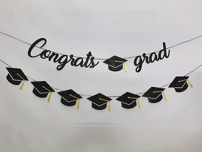 Graduation Decorations Class of 2025 Party Supplies - Congrats Grad Banner and Graduation Cap Banner (Pre-Strung)