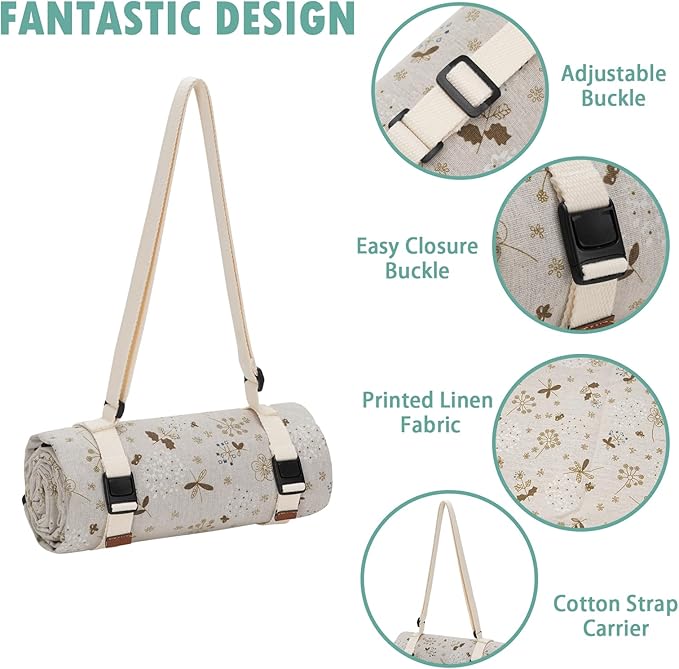 Large Picnic Blanket, Beach Mat Sand Free Washable, Waterproof Camping Emergency Blankets, Picnic Baskets Accessories with Waterproof Backing and Shoulder Strap - WhiteKapok