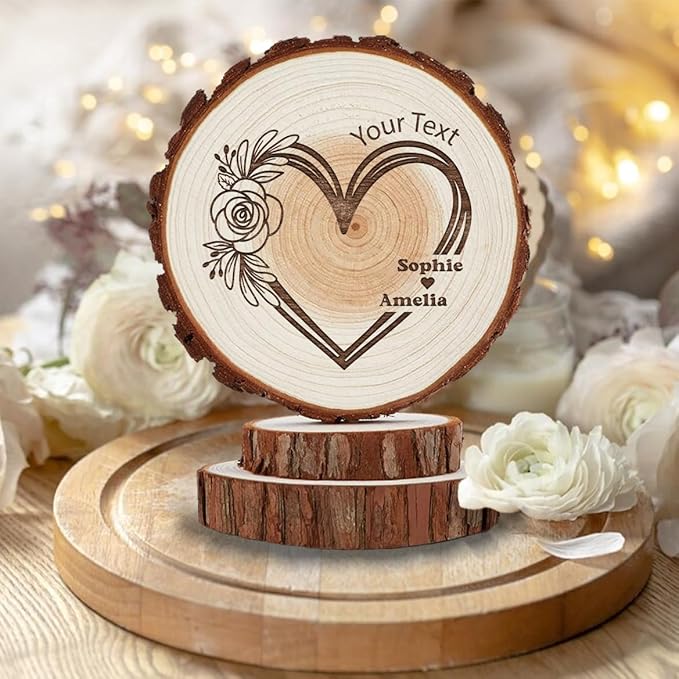Personalized Rustic Wedding Cake Topper in Wood Custom Wedding Cake Topper with Names & Date Love Heart Shape Wooden Decorations Handmade Wood Slices Engarved with Couple Name Roses Flowers