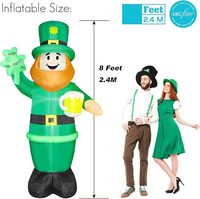 Christmas Inflatable Snowman/Nutcracker/Santa Claus Lighted Blow Up Christmas Yard Decoration with Built in Fan and Anchor Ropes (01-St. Patrick Leprechaun)