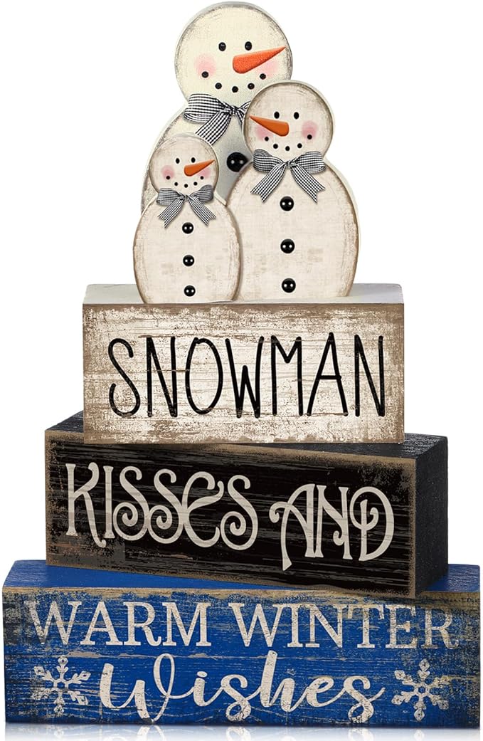 4 Pcs Christmas Table Decor Winter Snowman Wooden Table Decorations Rustic Signs Tiered Tray Decor Wood Farmhouse Vintage Ornaments Winter Christmas Gift for Kitchen Home Desk