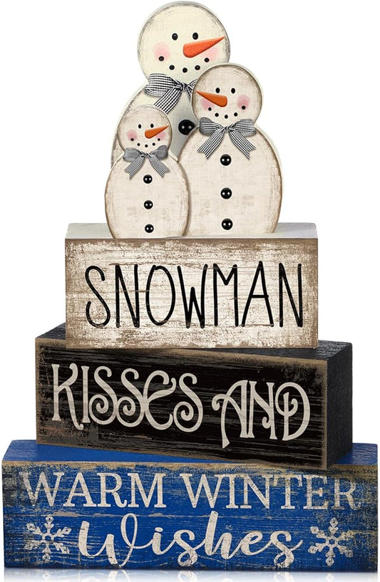 4 Pcs Christmas Table Decor Winter Snowman Wooden Table Decorations Rustic Signs Tiered Tray Decor Wood Farmhouse Vintage Ornaments Winter Christmas Gift for Kitchen Home Desk