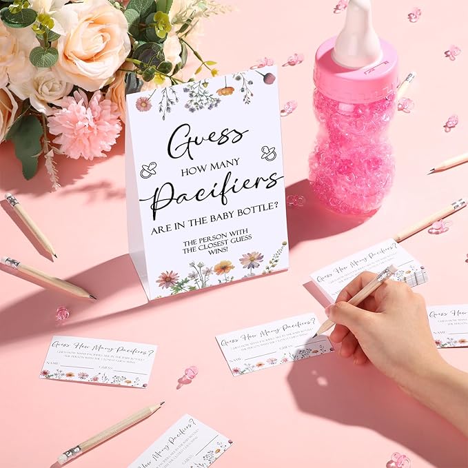 Roowest 512 Pcs Baby Shower Games Guess How Many Pacifiers Sign 100 Small Guessing Games 10 HB Pencils 750ml Milk Bottle 400 Acrylic Pacifiers Decoration for Guest Gender Reveal(Pink,Wild Flower)