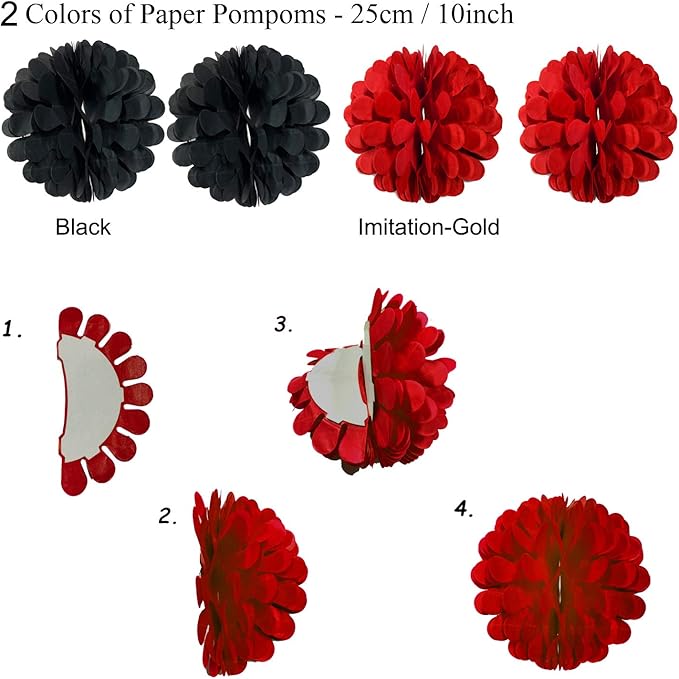 ZERODECO Party Decoration, Hanging Paper Fans Pom Poms Flowers Garlands String Polka Dot and Triangle Bunting Flags Easy to Assemble - Black and Red