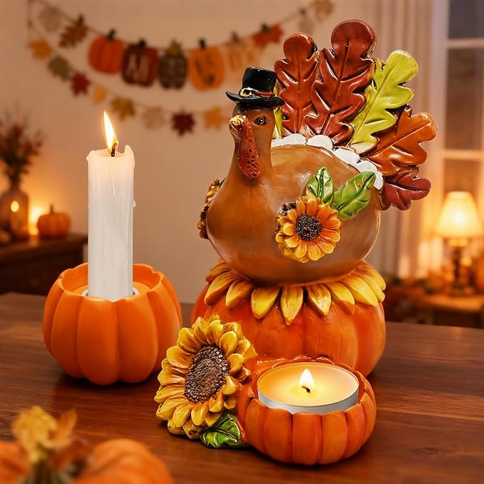 Thanksgiving Turkey Candle Holders, Table Centerpiece Decor for Thanksgiving, Resin Turkey with Pumpkin Fall Home Decor for Harvest Party Supplies