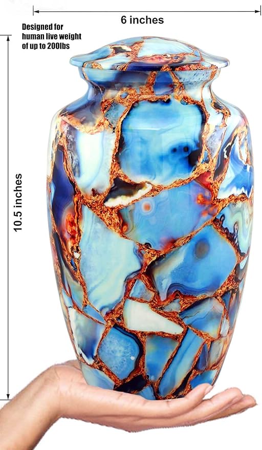 Large Cremation Urn | Handcrafted Marble Finish Adult Cremation Urn | Funeral and Memorial Cremation Urns for Human Ashes up to 200 lbs with Velvet Bag (Luxury Blue)