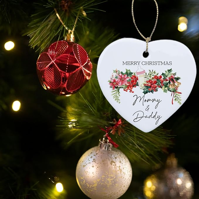 Christmas Baby Pregnancy Announcement Ornament New Parents Gifts for Couple Him Her New Mom Dad to Be Babys First Christmas Heart Ceramic Xmas Tree Ornament Decorations Boy Girl