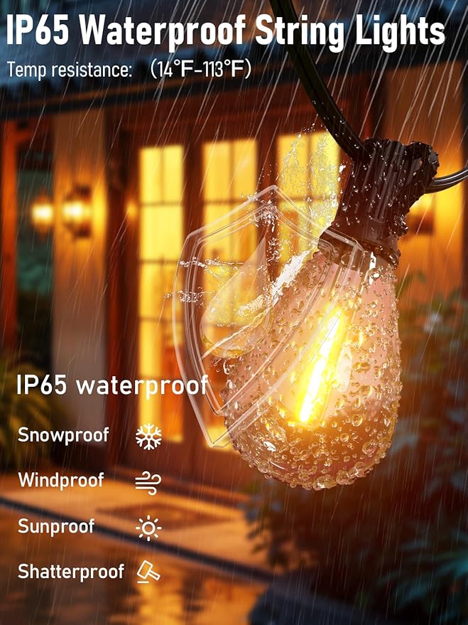 luckystyle 200FT LED Outdoor String Lights with Remote, 74+2 Shatterproof Bulbs Waterproof and Dimmable Patio Lights for Porch, Garden, Backyard, Deck, Balcony, 2200K Hanging Lighting