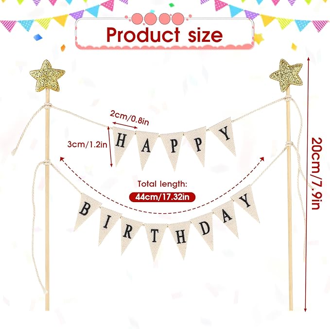 Happy Birthday Cake Banner Personalized Toppers, Handmade Linen Pennant Flags With 7.9 in Bamboo Polls, Party Decoration Supplies for Cakes Cupcakes
