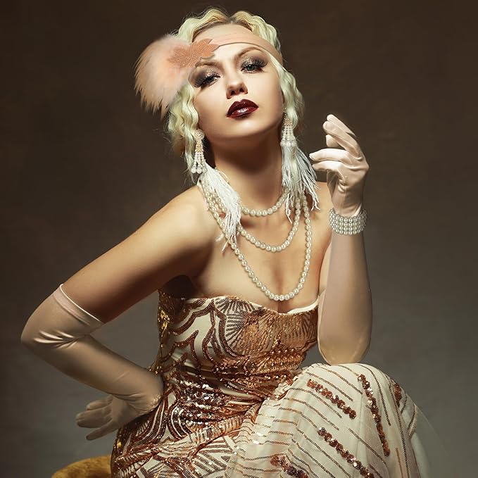Maitys 1920s Accessories Set for Women Flapper Costume Feather Headband Necklace Bracelet Earrings