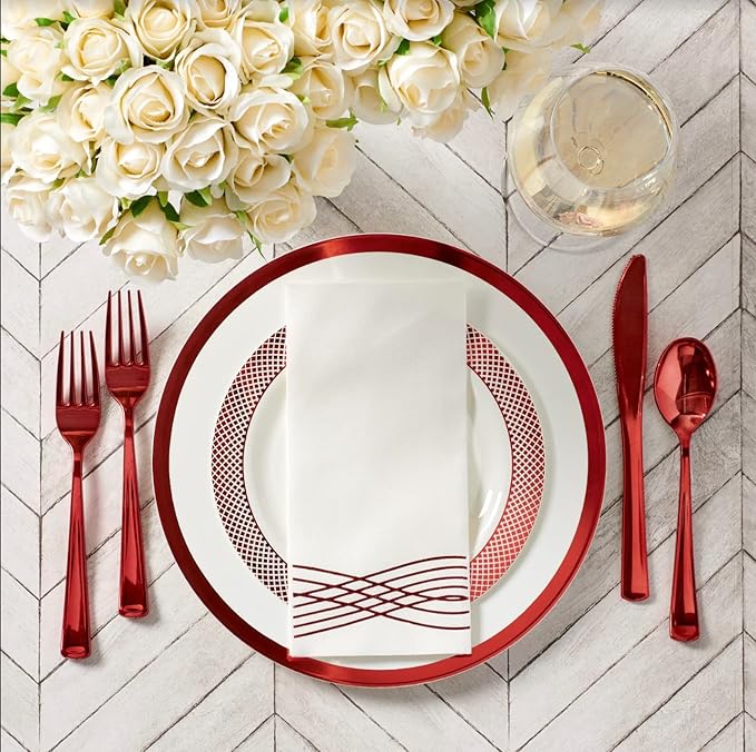 By Madee HEAVYWEIGHT 175 Pc Christmas Plates and Napkins Disposable | White with Red Trim Plastic Plates, Silverware & Napkins | Fancy Disposable Dinnerware Set for Weddings & Party (25 Guests)