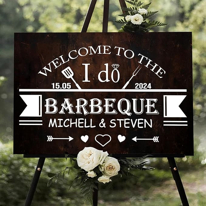 Personalized I Do BBQ Welcome Sign - Couples Shower Decoration, Faux Wood Design