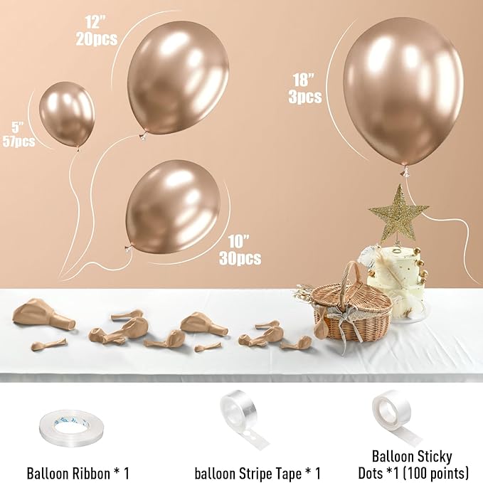 Metallic Champagne Gold Balloons, 113 pcs 18/12/10/5 Inch Champagne Gold Balloon Garland Arch Kit, Different Sizes Chrome Champagne Gold Latex Party Balloons for Birthday Wedding New Year Decorations