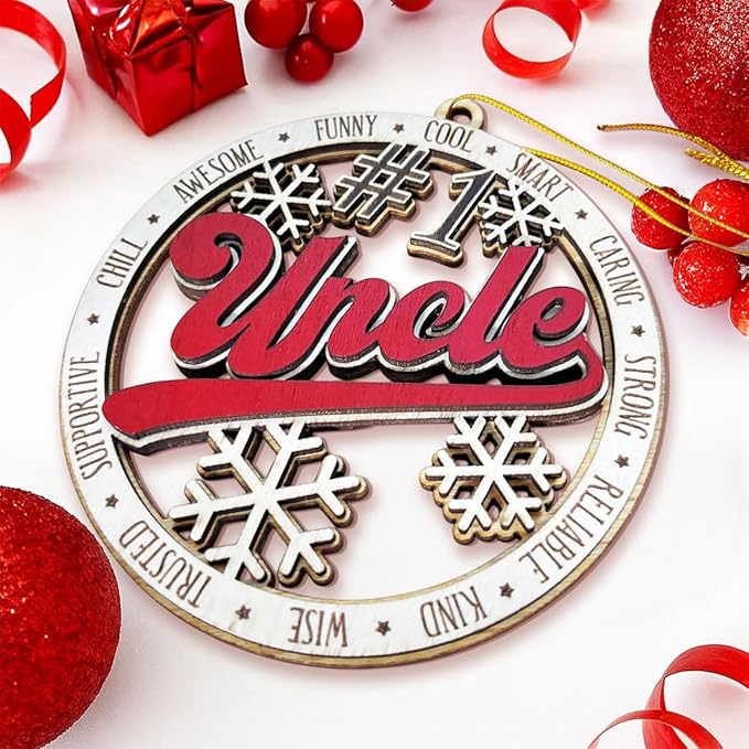 #1 Uncle Wooden Christmas Ornament – Best Uncle Holiday Tree Hanging Decoration, Rustic Family Xmas Gift with Snowflakes & Words