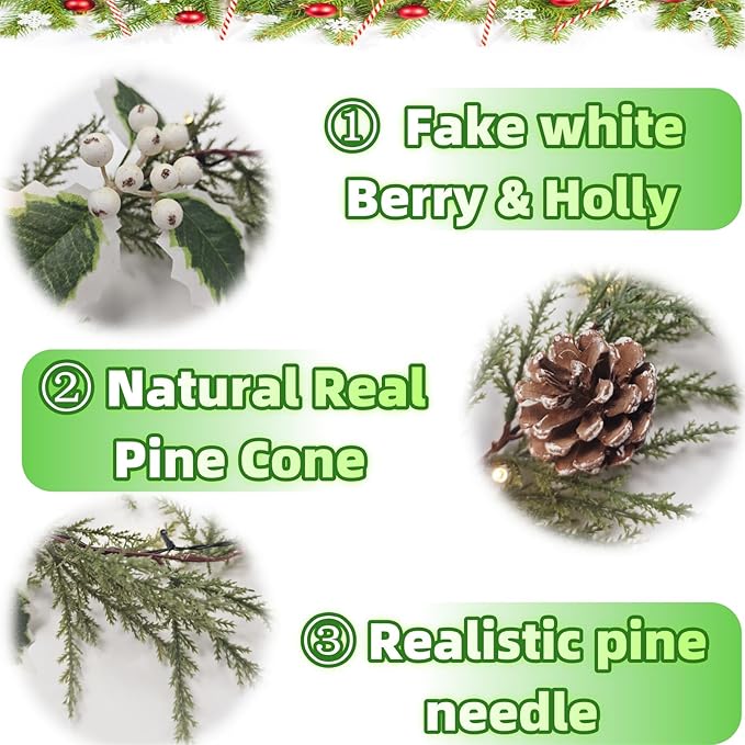 6FT Holly Berry Garland, Lighted Christmas Garland with Timer, Battery Operated Garland Christmas for Staircase Winter New Year Door Decorations