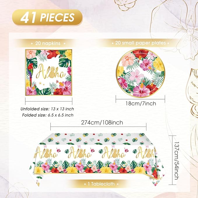 Aloha Hawaiian Party Decorations,Tropical Luau Party Supplies Kit for 20 Guests with Paper Plates,Napkins,Tropical Palm Leaves Disposable Tablecloth | BBQs & Summer Beach Kids Birthday Cocktail Party