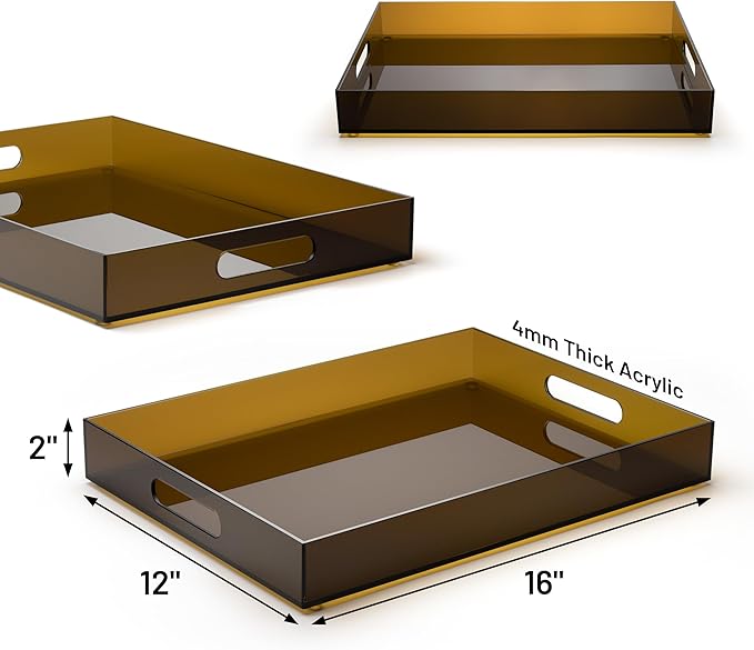 16"x12" Large Acrylic Serving Tray Decorative Ottoman Coffee Table Vanity Tray Tea Fruit Platter Snack Appetizer Dessert Drink with Handles for Bar Kitchen Party, Amber