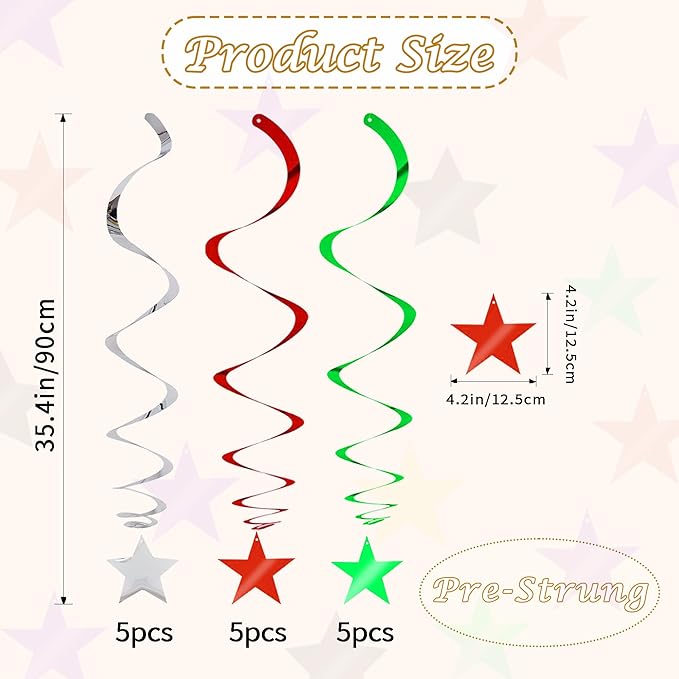 BEISHIDA Green Silver Star Hanging Swirl Decorations, Birthday Hanging Party Supplies for Christmas Wedding Baby Shower Birthday Decorations,Pack of 15