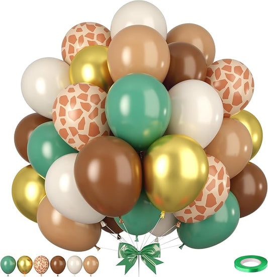 Safari Balloons, 50pcs Green Brown Balloons, Sage Green Ivory White Apricot Balloon, Giraffe Print Jungle Balloon for Jungle Safari Woodland Wild One Theme Birthday Baby Shower Wedding Decorations