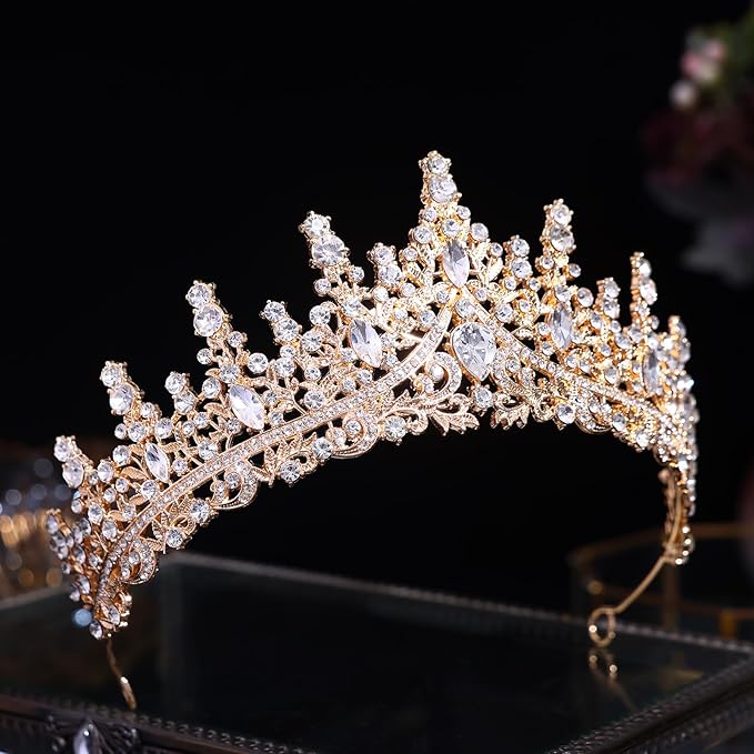 Crystal Princess Queen Tiara - Birthday Rhinestone Crowns Headband for Women Wedding Halloween Prom Pageant Party Coming of Age Ceremony Photo Props （HG828-Gold White）