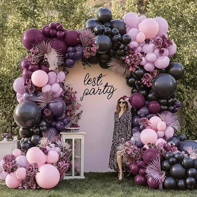 Black Pink Purple Balloons Double Stuffed Dark Plum Mauve Pink Pastel Lavender Lilac Balloon Garland Arch Kit for Wednesday Addams Halloween Birthday Baby Shower Wedding Goth Party Decorations