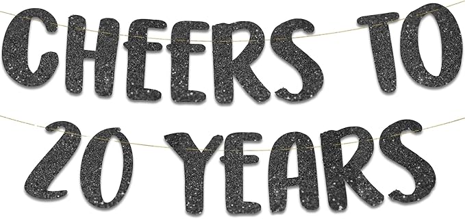 Cheers to 20 Years Black Glitter Banner - 20th Anniversary and Birthday Party Decorations