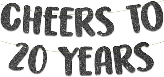 Cheers to 20 Years Black Glitter Banner - 20th Anniversary and Birthday Party Decorations