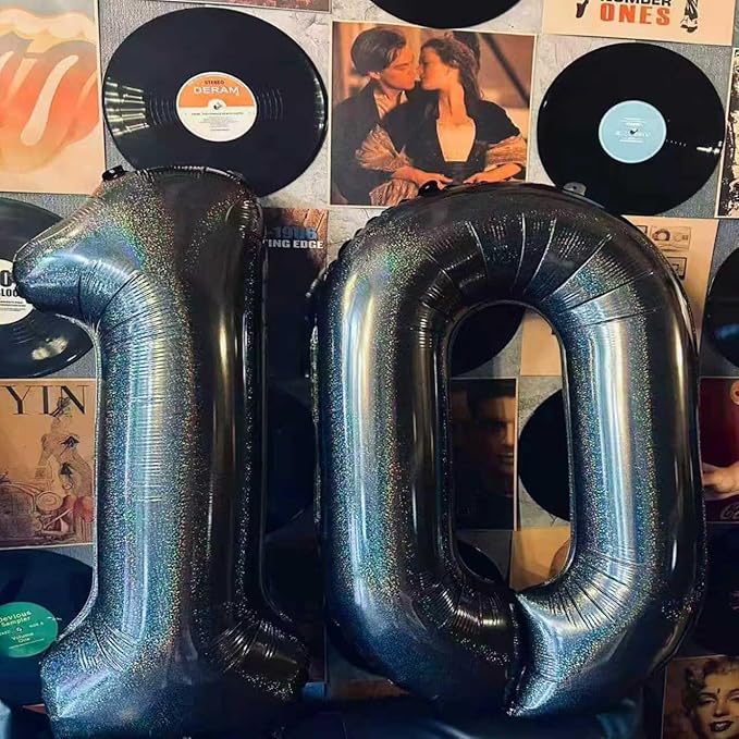 Laser Black Number 10 Balloons 40 Inch Giant Number Black 10 Foil Mylar Balloons for 10th Birthday Anniversary Events Party Decorations