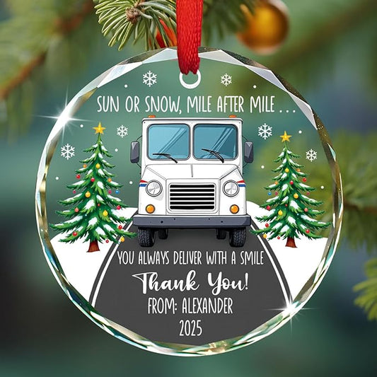Custom Name Mail Carrier Christmas Glass Ornaments, Personalized Thank You Postal Workers Ornament Xmas 2025, Mail Truck Christmas Tree Decoration Gifts for Mailman Postal Carriers, Postman Keepsake
