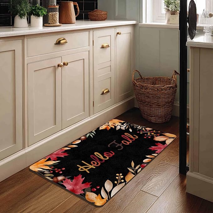 Fall Welcome Maple Leafs Decorative Door Mat, Autumn Thanksgiving Doormat for Indoor Outdoor Entrance Floor Mats,Fall Pumpkins Non Slip Harvest Vintage Decor Rubber Welcome Mats 30" x 18" Inch