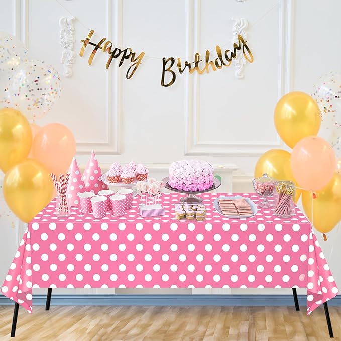WNINK 6 Pack Pink and White Polka Dot Tablecloths – Disposable Plastic Waterproof Table Cover, 54" x 108", for Birthday, Wedding, Bridal Shower, Bachelor, Pink Girl Party, and Picnic