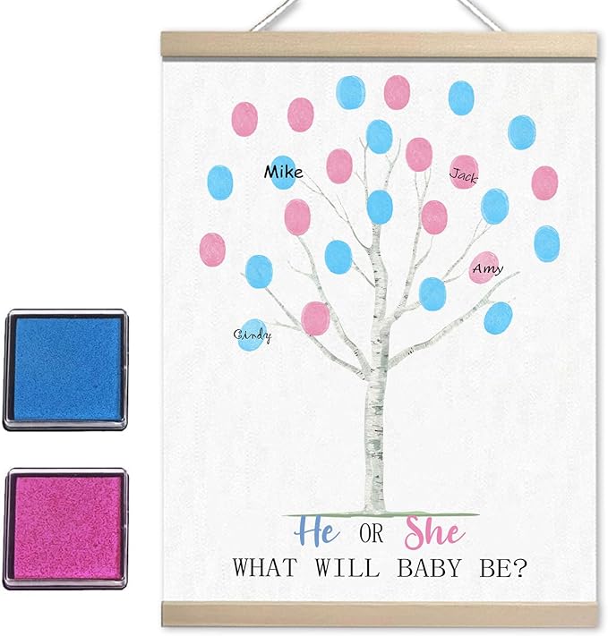 Gender Reveal Decorations Fingerprint Tree Canvas Paintings Decor Gifts Ideas - Baby Party Supplies - Boy and Girl Gender Guess Game - Thumbprint Hanging Paintings
