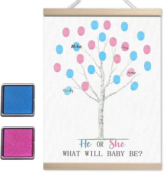 Gender Reveal Decorations Fingerprint Tree Canvas Paintings Decor Gifts Ideas - Baby Party Supplies - Boy and Girl Gender Guess Game - Thumbprint Hanging Paintings