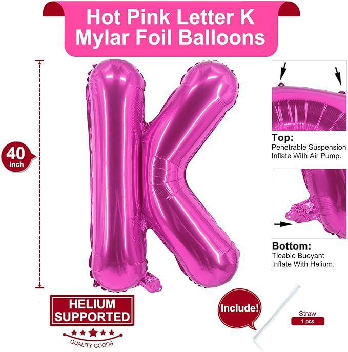 Lovoir 40 Inch Large Hot Pink Letter K Balloons Big Size Jumbo Mylar Foil Helium Balloon for Birthday Party Celebration Decorations Alphabet Hot Pink K